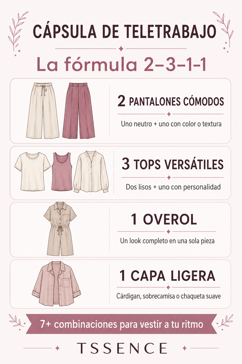 Infografía TSSENCE con la fórmula 2-3-1-1 para crear una cápsula de teletrabajo: dos pantalones, tres tops, un overol y una capa ligera.